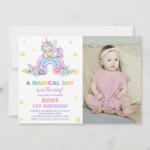Rainbow Unicorn Birthday Invitations with photo