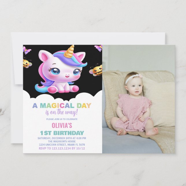 Rainbow Unicorn Birthday Invitations with photo (Front)