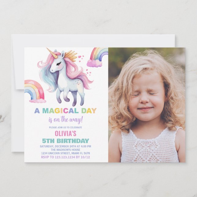 Rainbow Unicorn Birthday Invitations with photo (Front)