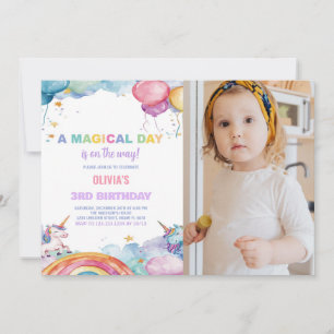 Rainbow Unicorn Birthday Invitations with photo