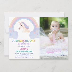 Rainbow Unicorn Birthday Invitations with photo