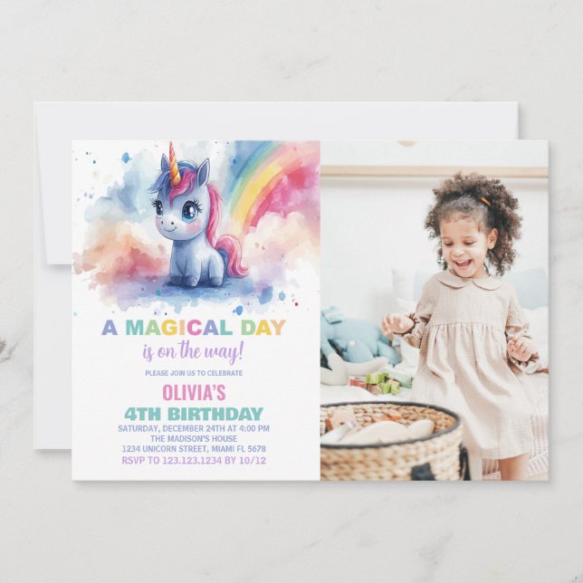 Rainbow Unicorn Birthday Invitations with photo (Front)