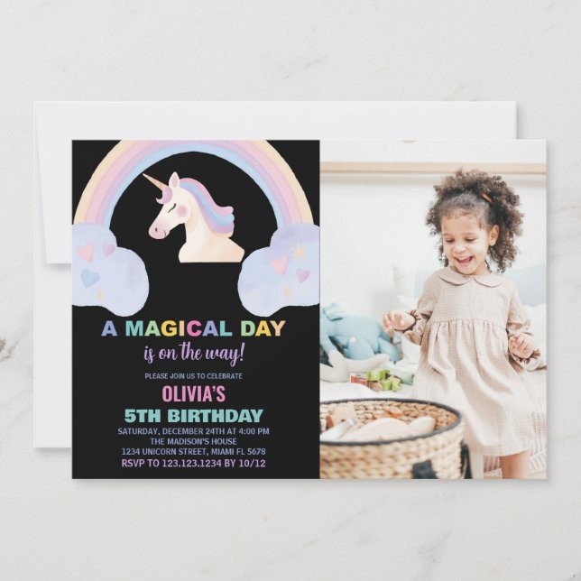 Rainbow Unicorn Birthday Invitations with photo (Front)