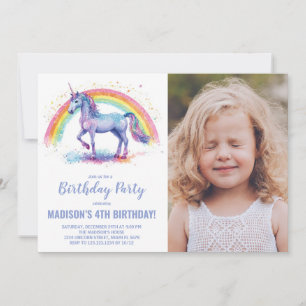 Rainbow Unicorn Birthday Invitations with photo