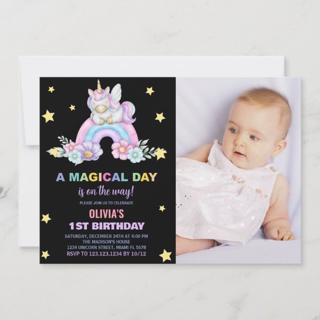 Rainbow Unicorn Birthday Invitations with photo (Front)