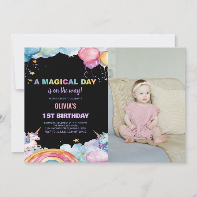 Rainbow Unicorn Birthday Invitations with photo (Front)