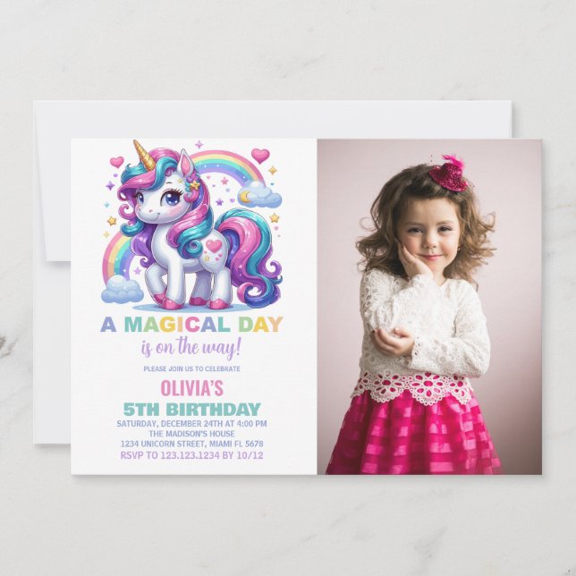 Rainbow Unicorn Birthday Invitations with photo (Front)