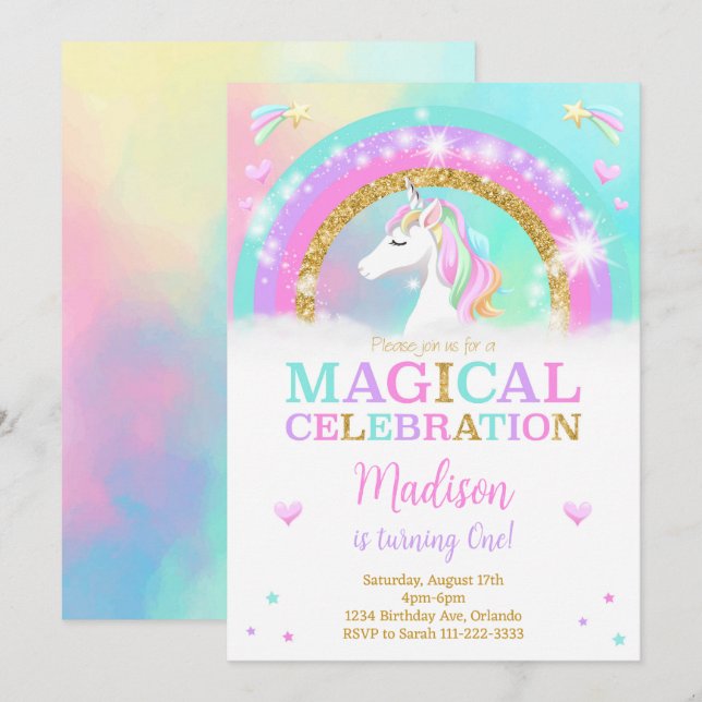 Rainbow Unicorn Birthday Invite (Front/Back)