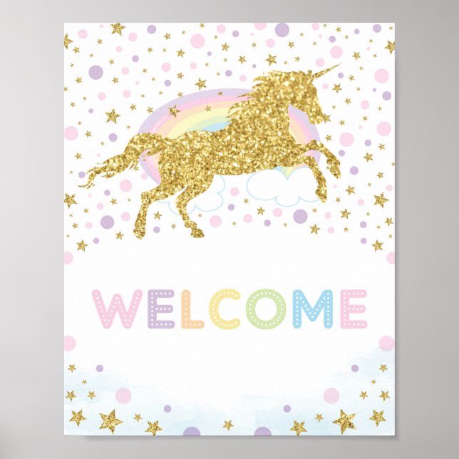 Rainbow Unicorn Birthday Party Baby Shower Welcome Poster (Front)