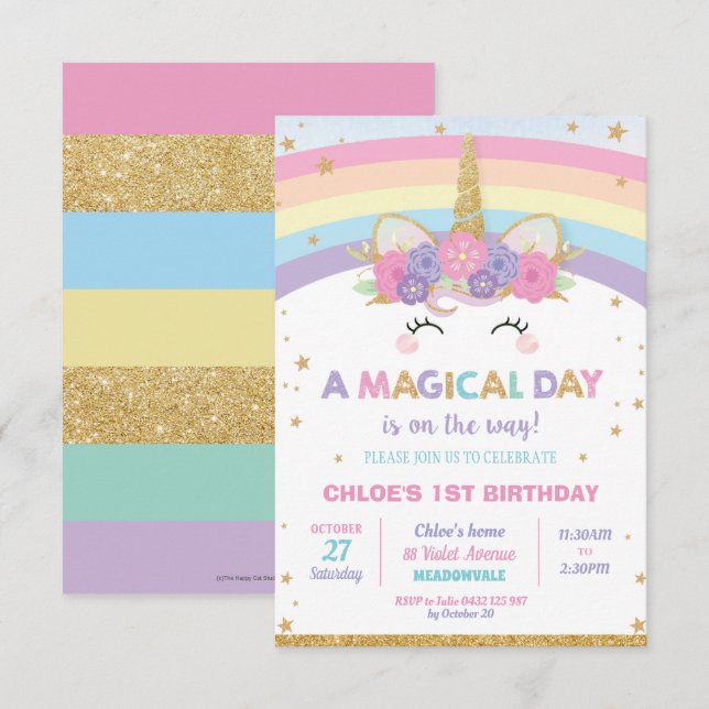 Rainbow Unicorn Birthday Party Girl Invitation (Front/Back)