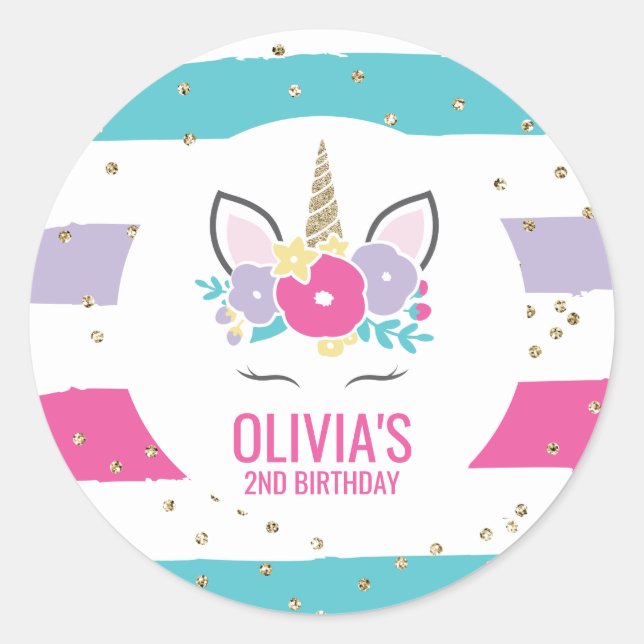 Rainbow Unicorn Birthday Party stickers (Front)