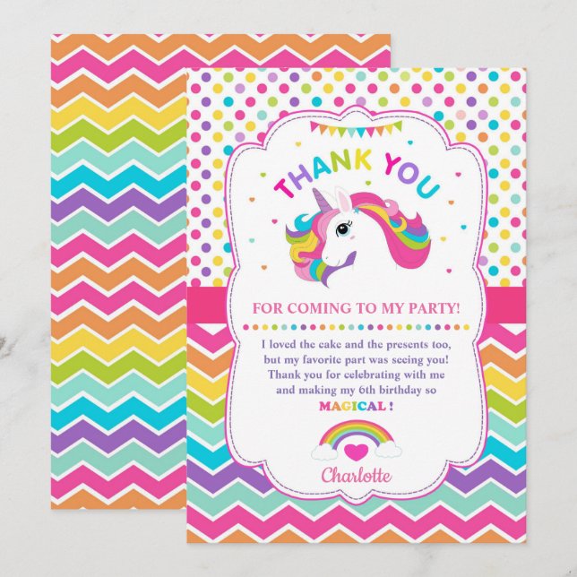 Rainbow Unicorn Birthday Party Thank You Card (Front/Back)