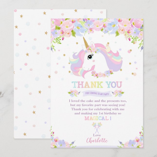 Rainbow Unicorn Birthday Thank You Pretty Floral Invitation (Front/Back)