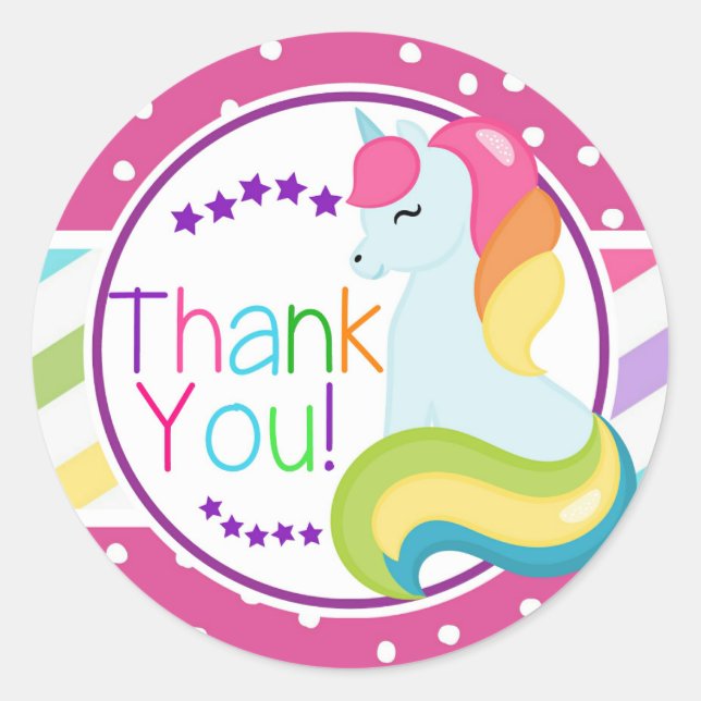 Rainbow Unicorn Birthday Thank You Stickers Labels (Front)