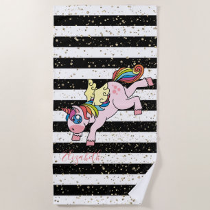 Rainbow Unicorn,Black White Striped -Personalised Beach Towel