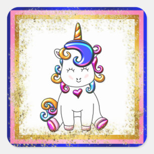 Rainbow Unicorn Blue, Gold Glitter Square Sticker