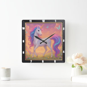 Rainbow Unicorn Butterfly Garden Square Wall Clock