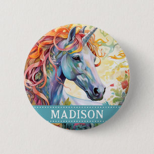 Rainbow Unicorn Button Pin with Custom Name