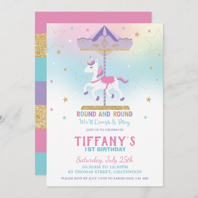 Rainbow Unicorn Carousel 1st Birthday Gold Glitter Invitation (Front/Back)