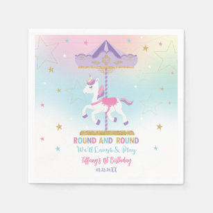 Rainbow Unicorn Carousel 1st Birthday Gold Glitter Napkin
