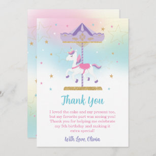 Rainbow Unicorn Carousel 1st Birthday Gold Glitter Thank You Card