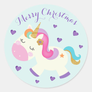 Rainbow Unicorn Christmas Glitter Aqua Classic Round Sticker