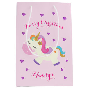 Rainbow Unicorn Christmas Glitter Pink Medium Gift Bag