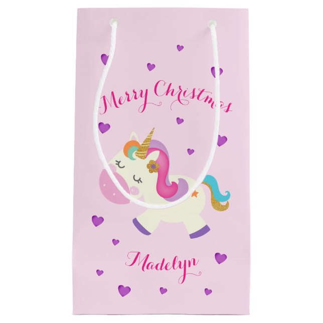 Rainbow Unicorn Christmas Glitter Pink Small Gift Bag (Front)
