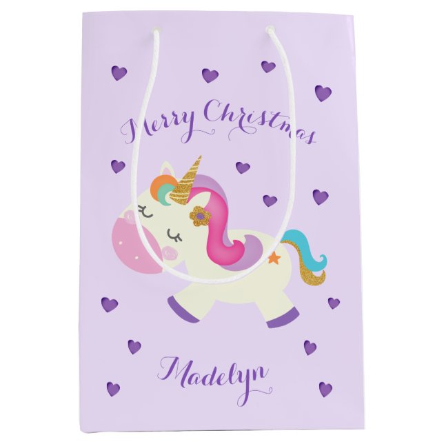 Rainbow Unicorn Christmas Glitter Purple Medium Gift Bag (Front)