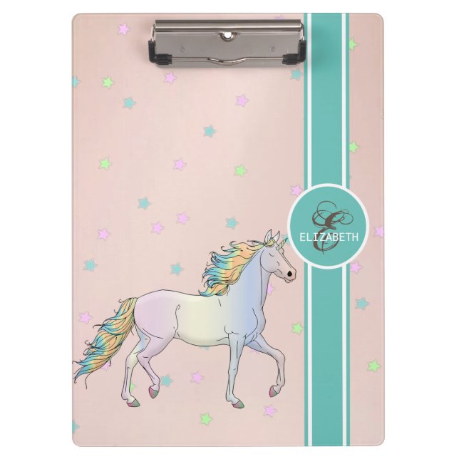 Rainbow Unicorn, Colourful Stars, Monogram Clipboard (Front)