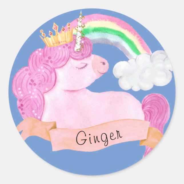 🌈Rainbow Unicorn Custom Name   Classic Round Sticker (Front)