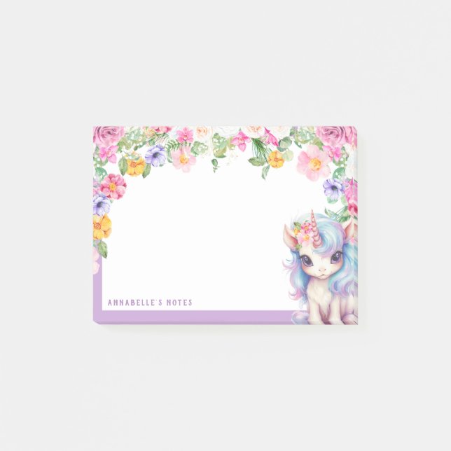 Rainbow Unicorn Custom Name Floral Kids School   Post-it Notes (Front)