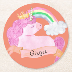 🌈Rainbow Unicorn Custom Name Round Paper Coaster