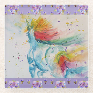 Rainbow Unicorn Cute Girls Purple Pansy Coaster