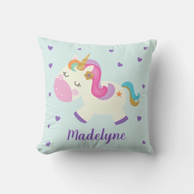 Rainbow Unicorn Cute Personalised Name Aqua Cushion (Front)