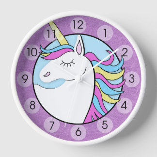 Rainbow Unicorn Cute Purple Round Wall Clock