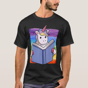 Rainbow Unicorn Cute Unicorn Face Reading A Book T-Shirt