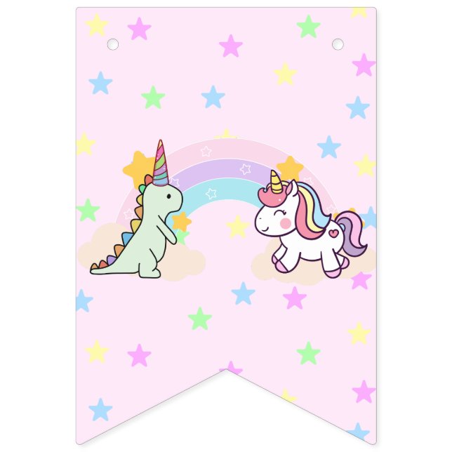 Rainbow Unicorn & Dinosaur Friends Birthday Party Bunting (First Flag)