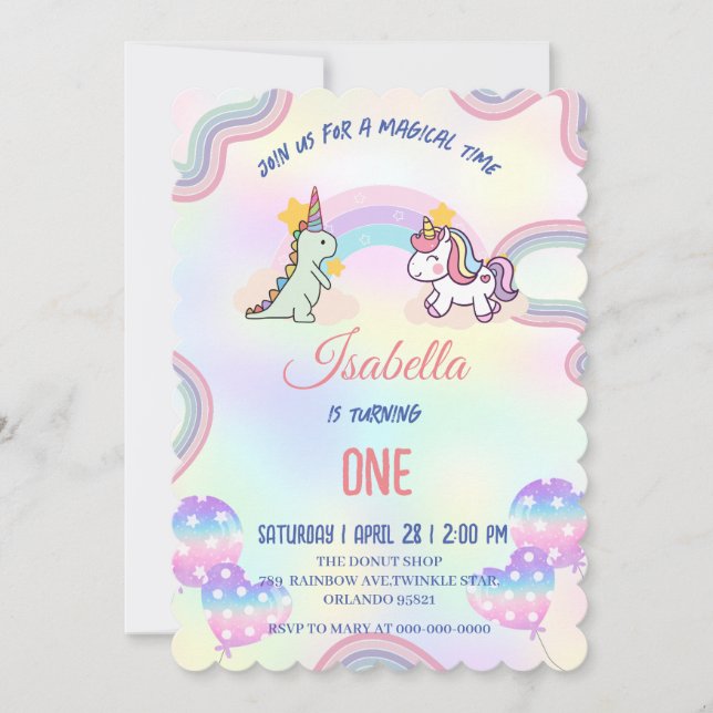 Rainbow Unicorn & Dinosaur Friends Birthday Party Invitation (Front)