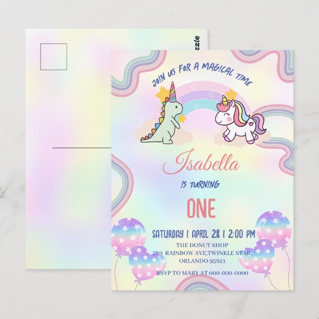 Rainbow Unicorn & Dinosaur Friends Birthday Party Postcard (Front/Back)