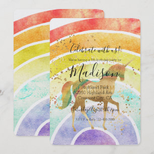 Rainbow Unicorn Dream Gold Confetti Birthday Invitation