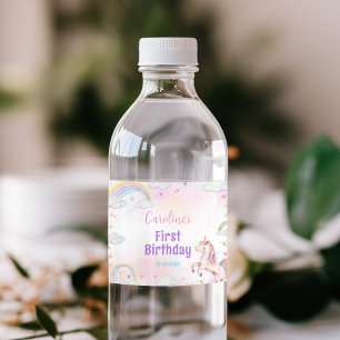 Rainbow Unicorn First Birthday Water Bottle Label