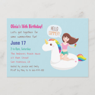 Rainbow Unicorn Float Summer Birthday Party Invitation
