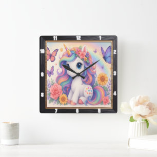 Rainbow Unicorn Floral Child's Square Wall Clock
