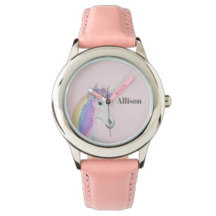 Rainbow Unicorn Floral Pink Personalised Girl's Watch
