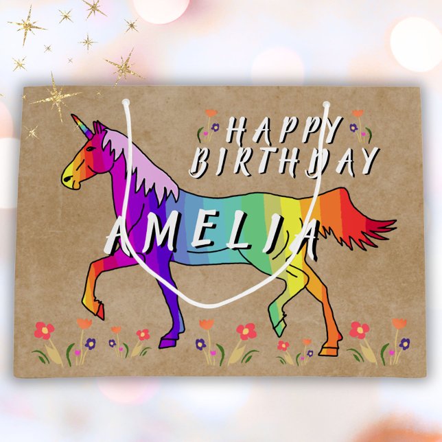Rainbow Unicorn Flower Old Paper Girl Birthday Large Gift Bag (Creator Uploaded)