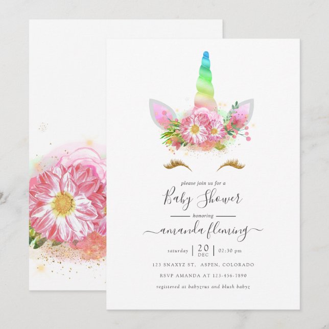 Rainbow Unicorn Girl Baby Shower Invitation (Front/Back)