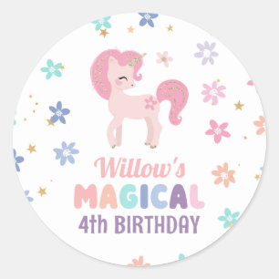 Rainbow Unicorn Girl Birthday Favour Round Sticker