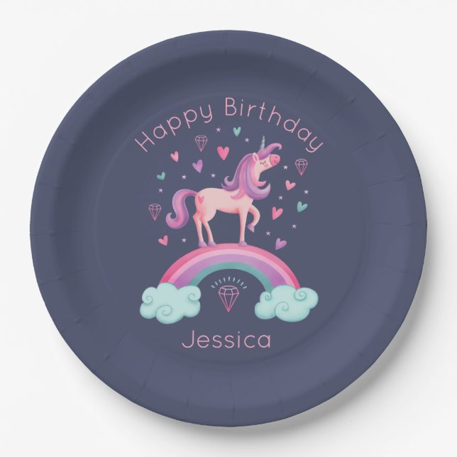 Rainbow Unicorn Girl Birthday Party Paper Plate (Front)