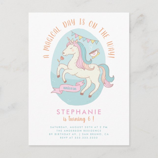 Rainbow Unicorn Girl's Birthday Party Invitation (Front)